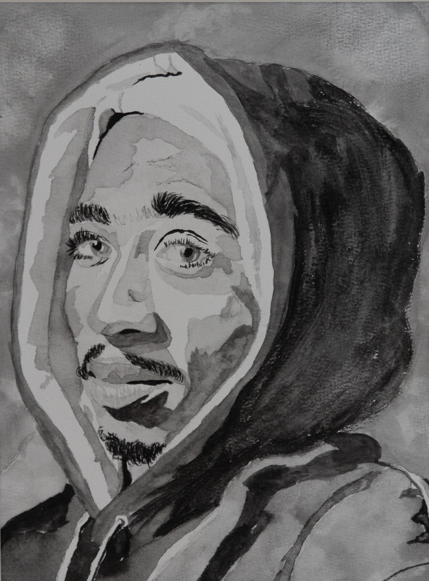 "Bishop's Gaze" – Black & White Watercolor Portrait