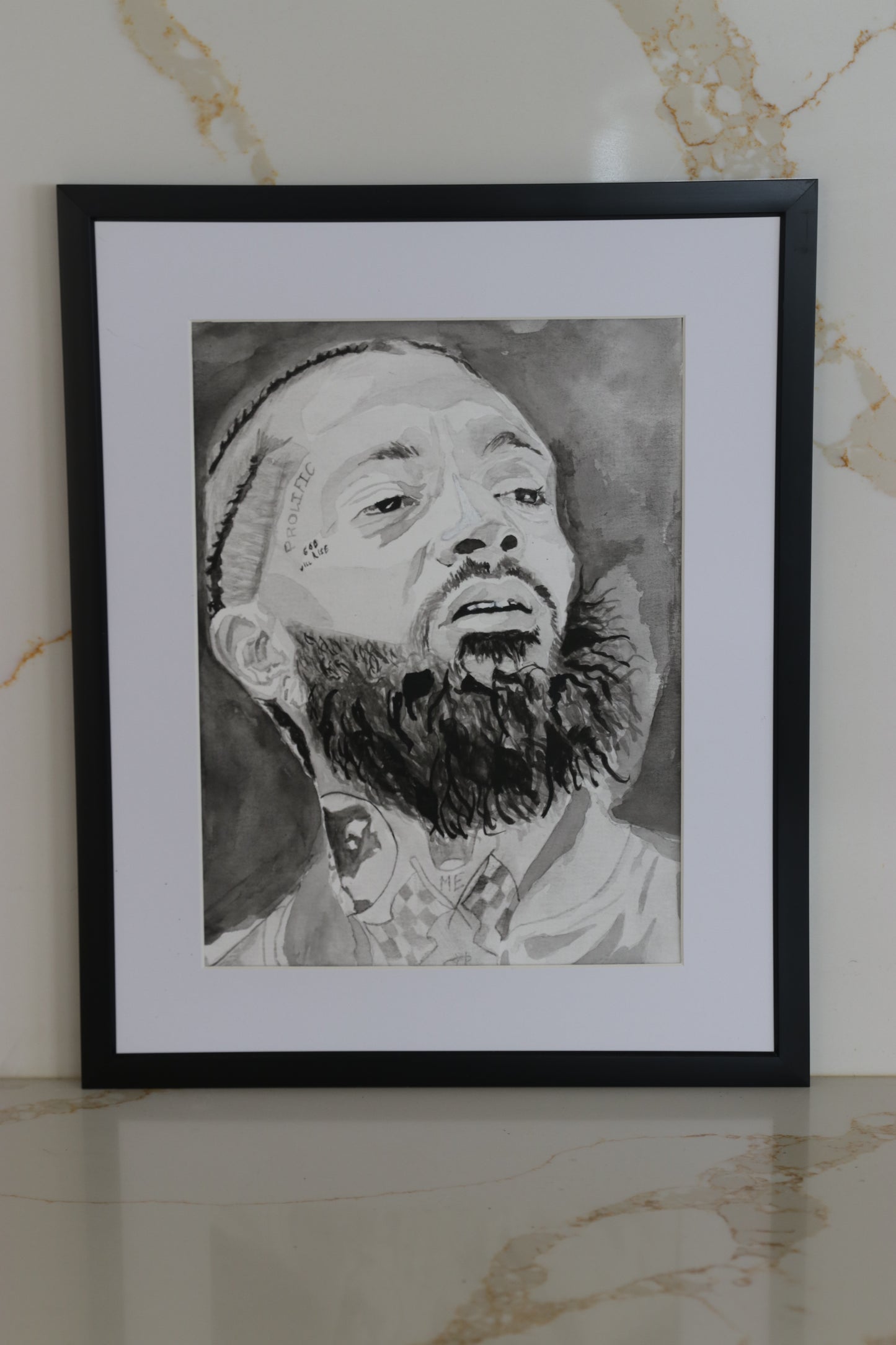 "The Marathon Continues" – Black & White Watercolor Portrait