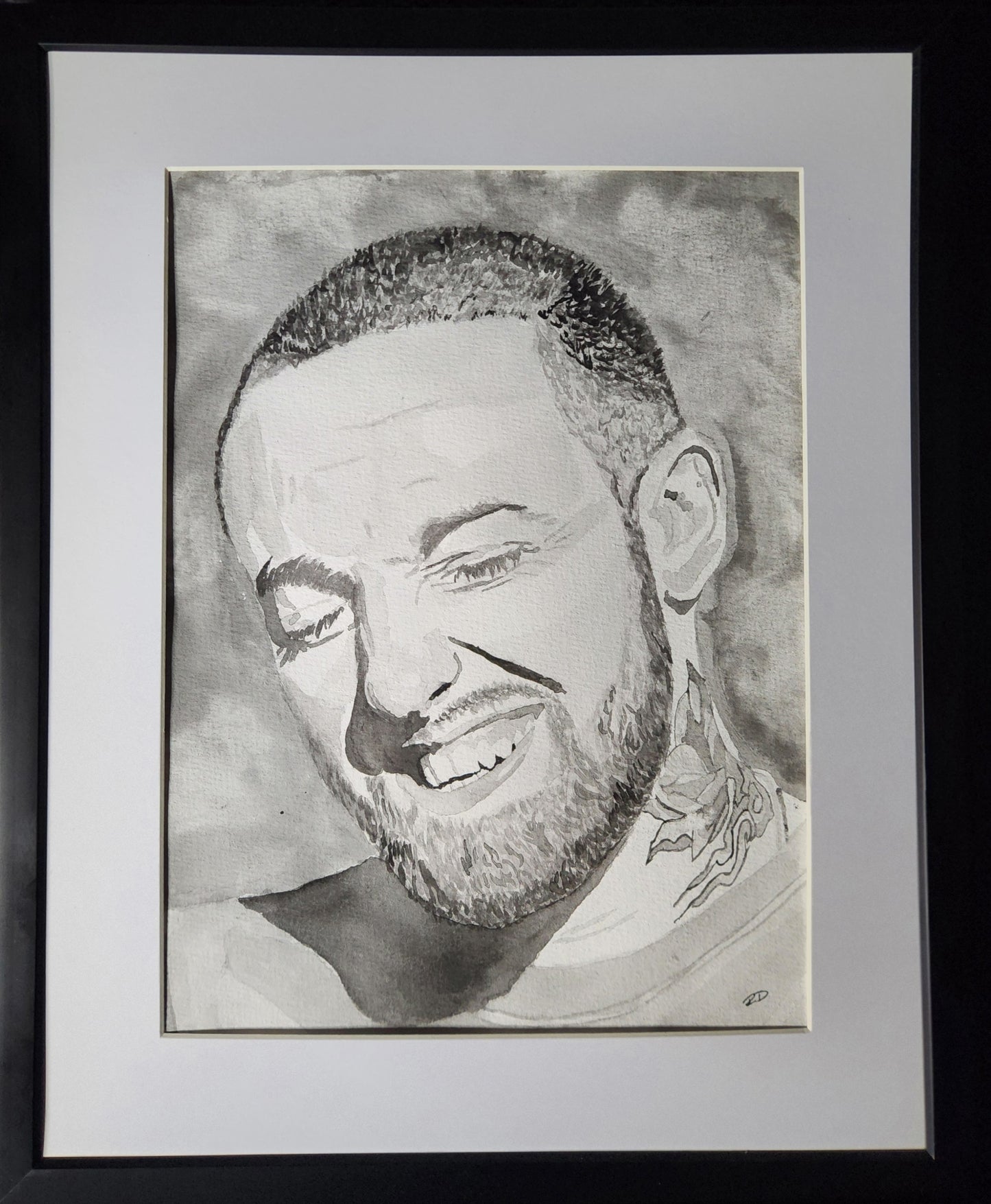 "Divine Smile" – Black & White Watercolor Portrait